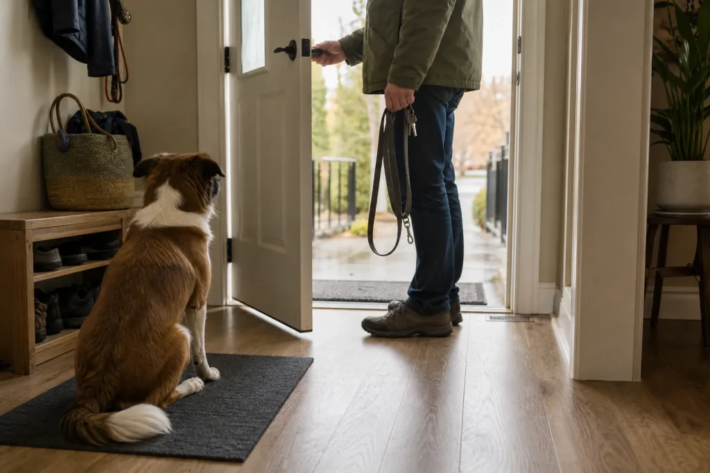 Man holding dog leash and keys opening front door while dog waits inside hallway