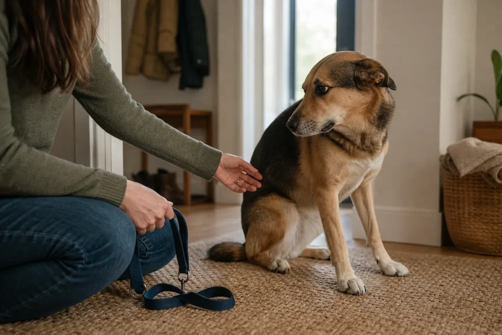 Person reaching out to a dog that is sitting on a rug and looking away indoors