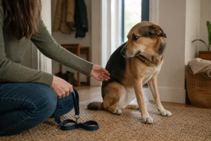 Person reaching out to a dog that is sitting on a rug and looking away indoors