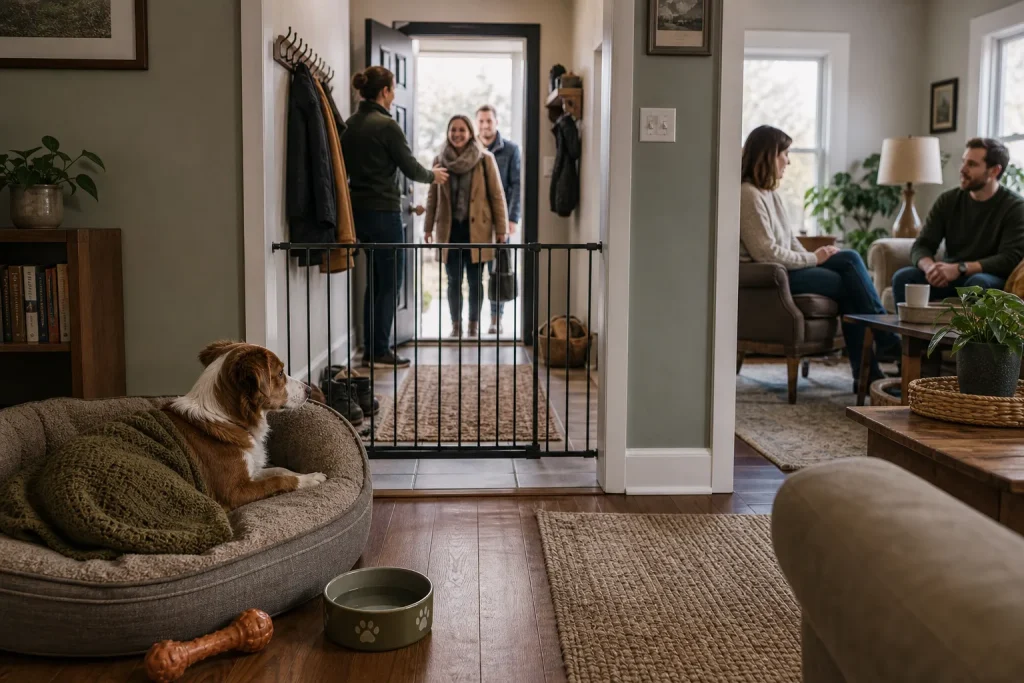 Dog resting in bed behind safety gate watching people entering warmly lit home hallway