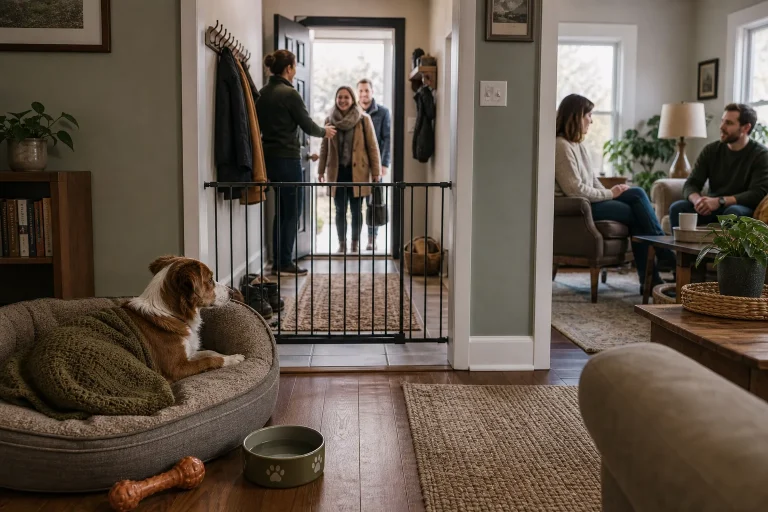 Dog resting in bed behind safety gate watching people entering warmly lit home hallway