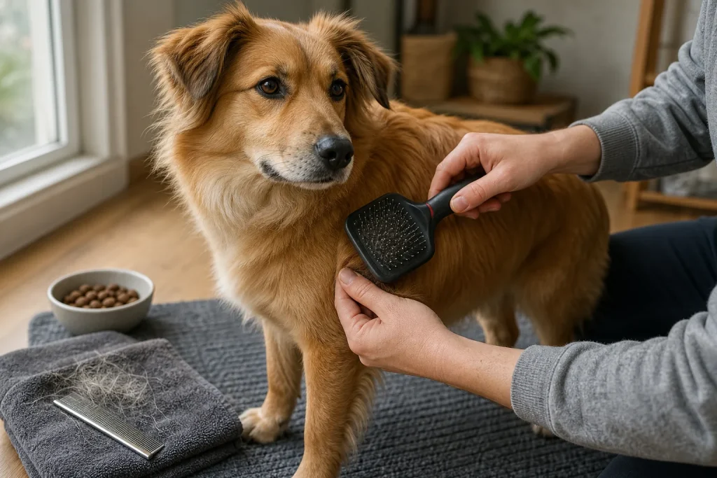 Golden-brown dog being gently brushed indoors near a window with grooming tools nearby