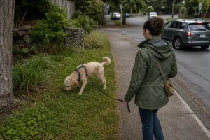 Person in green jacket walking a light-colored dog sniffing grass beside a sidewalk on a cloudy day