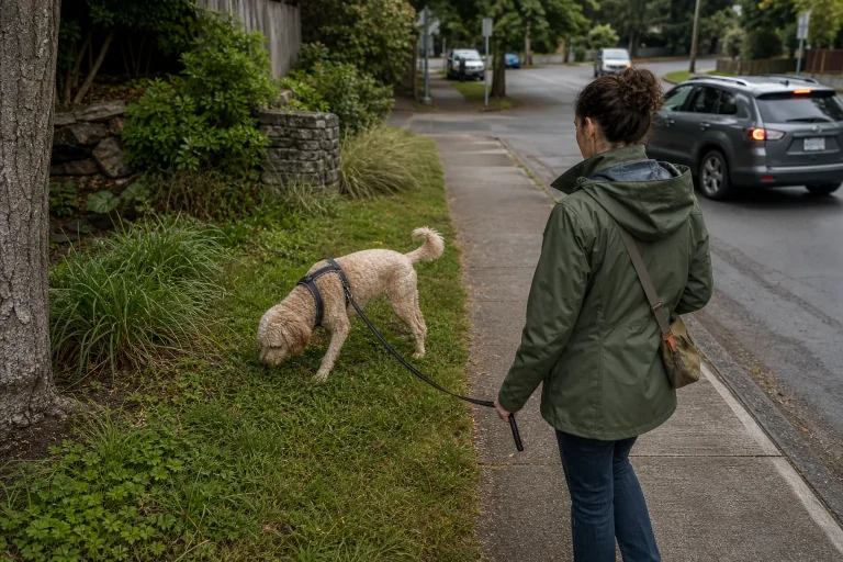 Person in green jacket walking a light-colored dog sniffing grass beside a sidewalk on a cloudy day